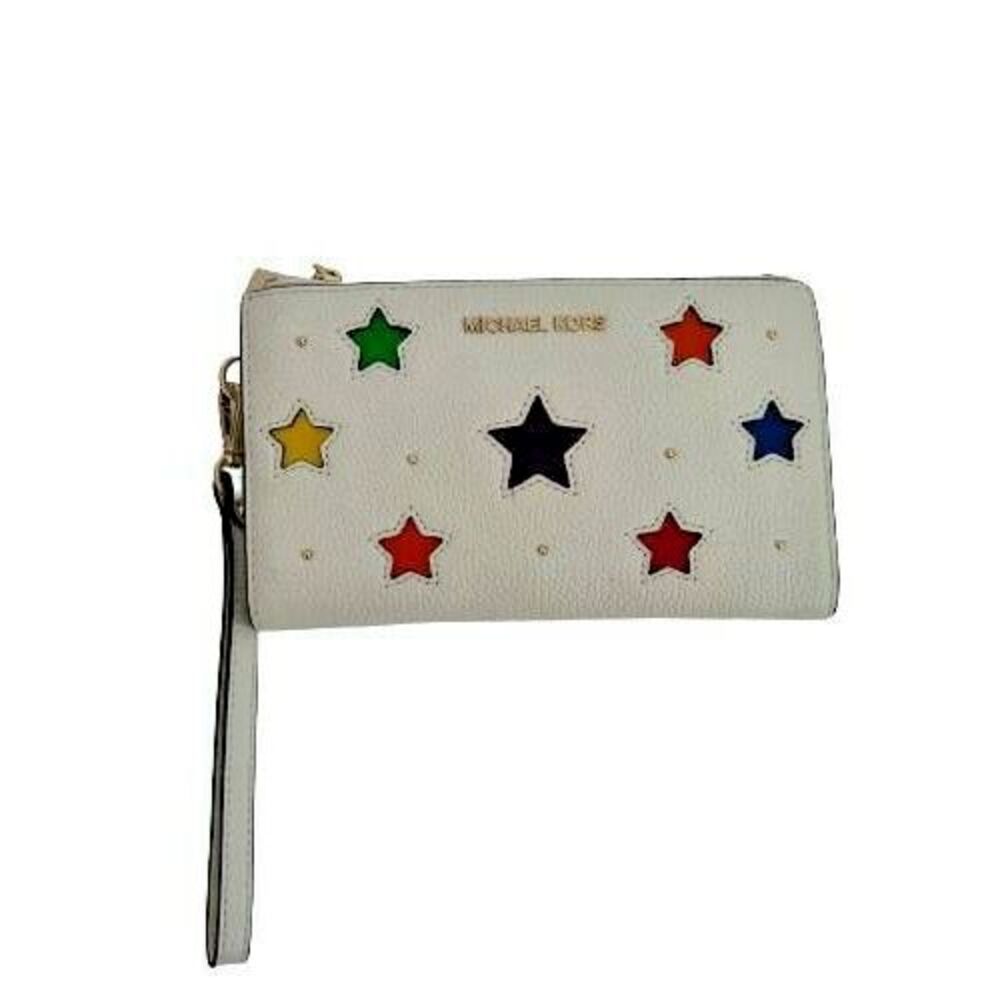 Michael Kors Wristlet White Multicolor Stars Cutout Snap Flap Zipper NEW - Picture 2 of 11